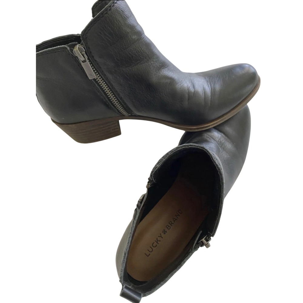 Lucky Brand Basel Ankle Bootie Black Leather 8.5 Dual Side Zip Stacked Heel